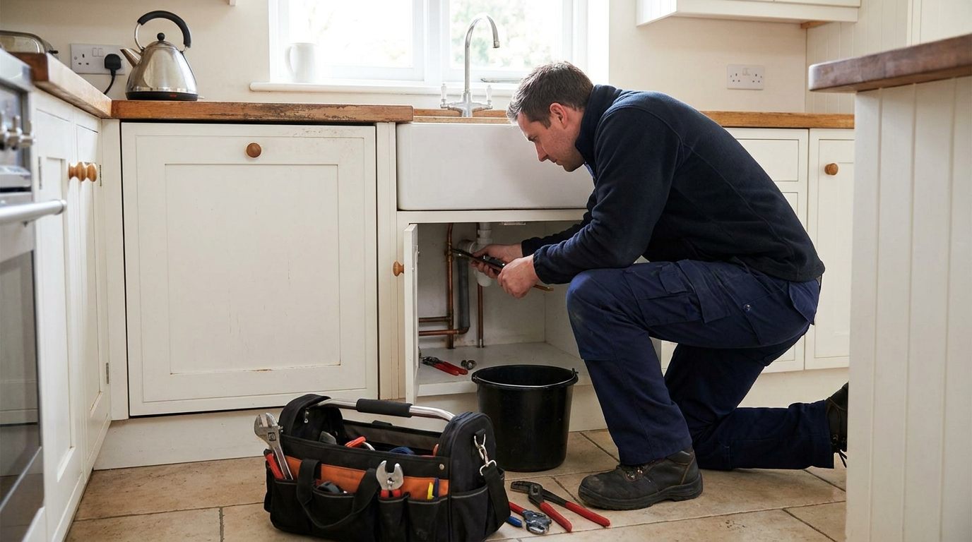 Professional plumber at work in a British home
